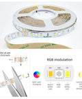 24V RGBWW LED Strip Lights 32 Foot Roll Dimmable Color Changing Tape With CCT From 2700K To 6000K 6 Wire SMD5050 layout and details
