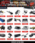 Skid steer loader optional accessories display, including hammer, auger, ripper, fork, trencher, cleaner, rotary plow, and more tools.