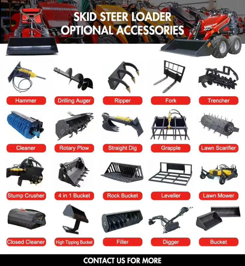 Skid steer loader optional accessories display, including hammer, auger, ripper, fork, trencher, cleaner, rotary plow, and more tools.