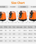 Size chart for All Round Water Intake Submersible Pump For Fish Tanks Ponds And Hydroponics with models YH-1500F to YH-3600F.