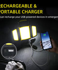 Rechargeable 30W LED Work Light with 3000 Lumen Output on the job, charging phone via USB, magnetic base visible