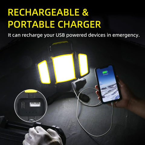 Rechargeable 30W LED Work Light with 3000 Lumen Output on the job, charging phone via USB, magnetic base visible