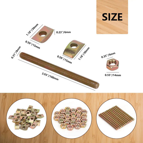 Heavy Duty Countertop Connectors Plug And Play Bed Rail Joiners 12 Pack showing size details of bolts, nuts, and washers for furniture assembly.