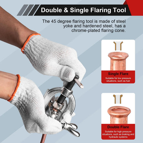 Clatoon brake line flaring tool kit with tubing cutter; steel tool for copper brake lines, 45-degree flares.