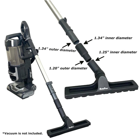 12 Inch Vacuum Brush Head Attachment With 360 Degree Swivel For Upright And Canister Vacuums, Hose Adapter Included, 45 Degree Angle For Easy Under Furniture Cleaning, Durable Floor Brush For Hard Floors And Rugs, Pro Grade Cleaning Tool shown attached to a vacuum with diameter measurements labeled.
