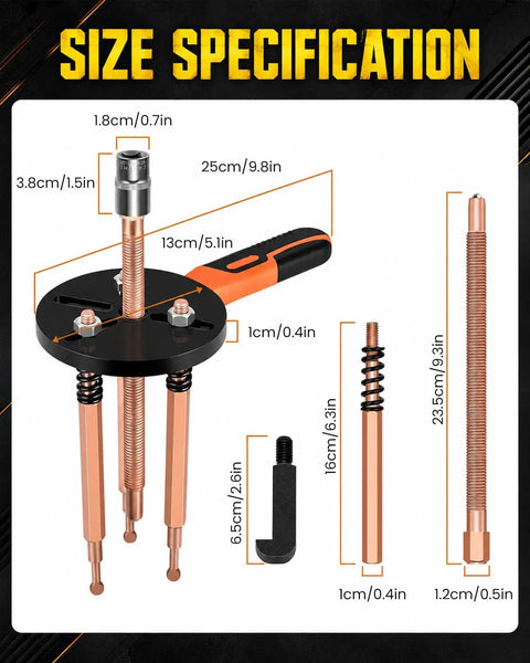 Size specifications of 55-In-1 Bearing Puller Set For Auto, Bike, And Industrial Repair with detailed measurements