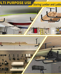 Overhead Garage Storage Racks 4 Pack With Four Hooks, Heavy Duty Ceiling Shelf System Totals 444 Lb Capacity installed in garage