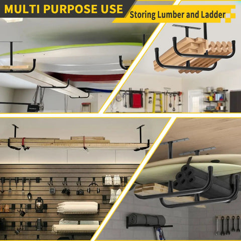 Overhead Garage Storage Racks 4 Pack With Four Hooks, Heavy Duty Ceiling Shelf System Totals 444 Lb Capacity installed in garage