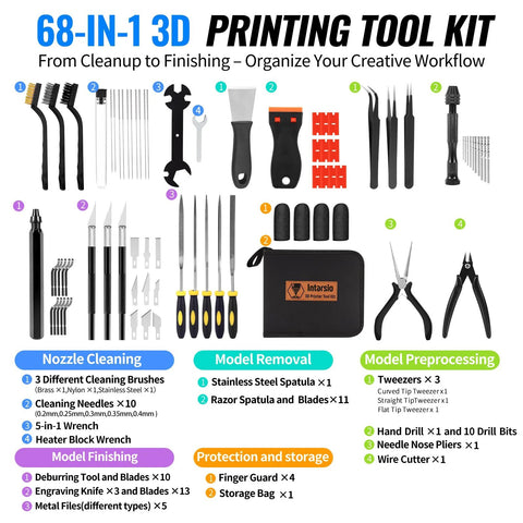 68-in-1 3D printer tool kit with storage case and assorted tools for Ender, Bambu Lab, and other 3D printers