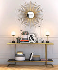 Styled console with decor, 18 Inch Tall Table Lamp With Glass Shade In Brass Black Marble And White Milk Glass For Home Office