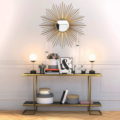Styled console with decor, 18 Inch Tall Table Lamp With Glass Shade In Brass Black Marble And White Milk Glass For Home Office