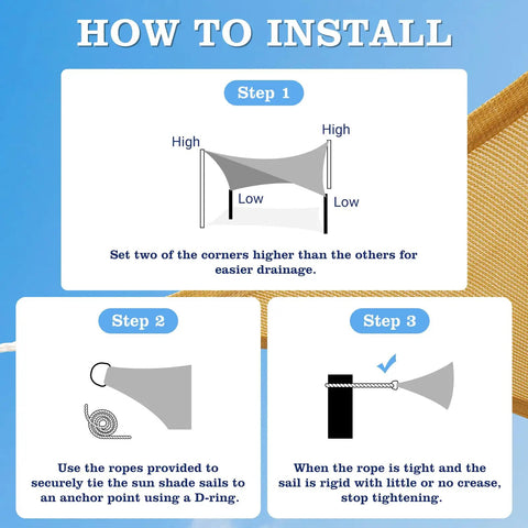 Instructions for installing Heavy Duty UV Protection Shade Sail 10x13 Feet Beach Canopy with steps and diagrams.