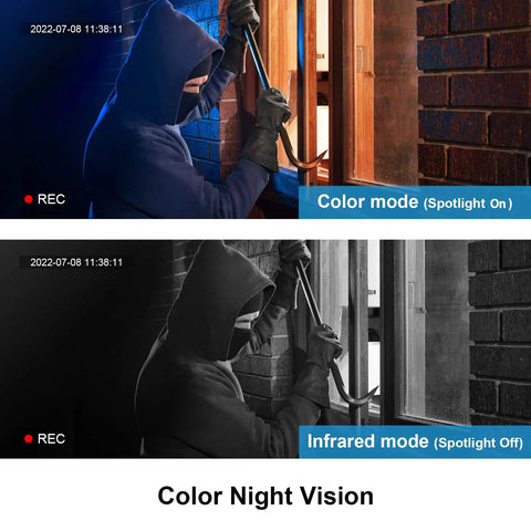 Outdoor Wireless Security Camera Battery Powered 2.5K FHD Color Night Vision With Motion Detection And Spotlight Alexa Compatible 30 Days Free Cloud Storage Easy Home Surveillance color night vision demonstration with intruder