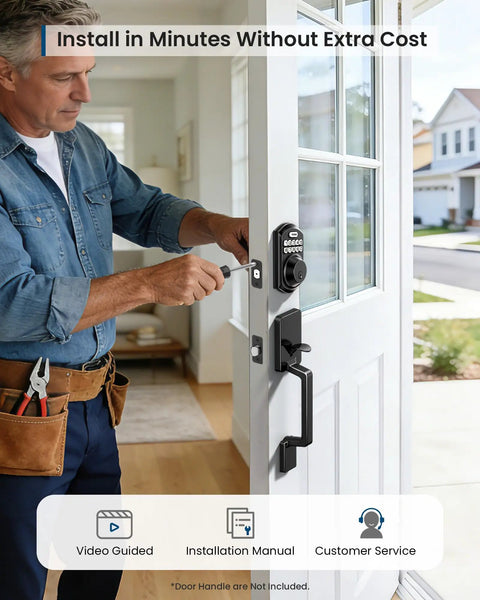 Man installing Built Tough WiFi Keypad Deadbolt For Your Front Door Zero Hassle Smart Lock With Matte Black Finish.