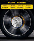 Drop In Replacement Wheel Bearing And Hub Assembly Set For GM Vehicles With 5 Lug Hubs And ABS Front Or Rear Fits Malibu Impala Equinox Terrain Lacrosse Regal Cadillac XTS CTS 2 Pack shown installed on a rotating wheel with visible OE part numbers