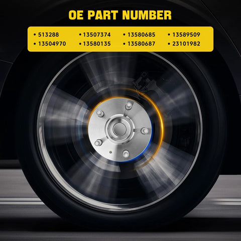 Drop In Replacement Wheel Bearing And Hub Assembly Set For GM Vehicles With 5 Lug Hubs And ABS Front Or Rear Fits Malibu Impala Equinox Terrain Lacrosse Regal Cadillac XTS CTS 2 Pack shown installed on a rotating wheel with visible OE part numbers