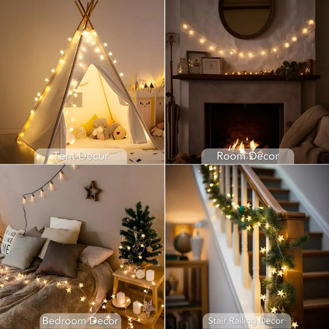 Battery Operated Star String Lights With Remote, 40 LED, 20 Ft Waterproof Fairy Lights, Warm White Glow, Party Ready For Home, Christmas, Wedding, Garden Decor, 8 Modes