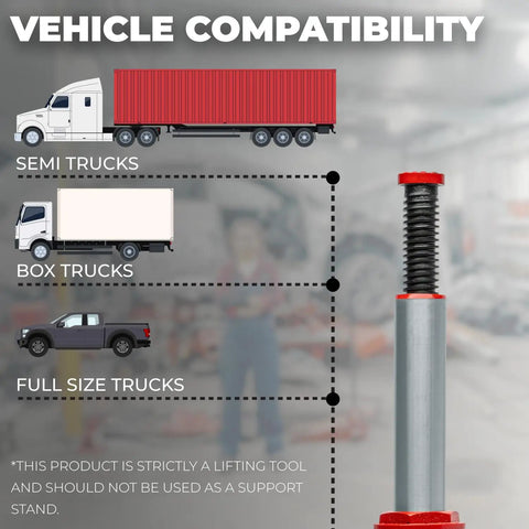 Vehicle compatibility graphic for Heavy Duty Ten Ton Hydraulic Bottle Jack Featuring An Adjustable Saddle And Ultra Low Profile Base.