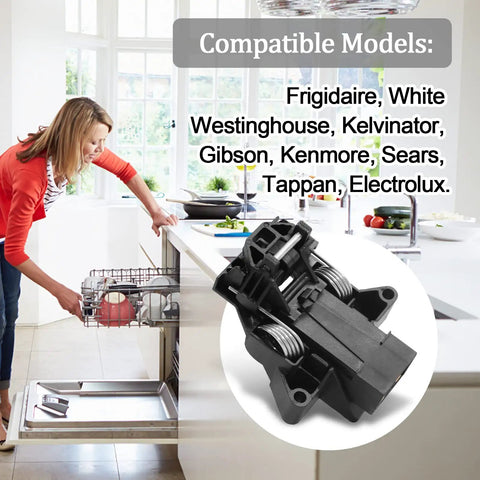 Dishwasher Door Latch Kit Replacement For Frigidaire Electrolux Kenmore Models FDBB4365FB2 FDBB4365F closeup in kitchen