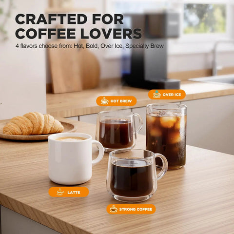 Four coffee styles on a kitchen counter: hot brew, over ice, latte, and strong coffee, with background of Single Serve Coffee Maker With Built In Detachable Milk Frother For Pods And Grounds No Fuss In Classic Bold Over Ice And Specialty Brew 40 Oz Removable Water Reservoir Six Cup Sizes Fits 7 Point 3 Inch Travel Mug Black.
