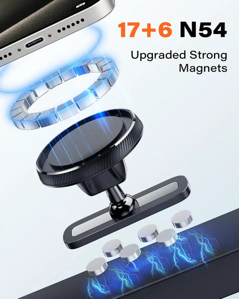 Gym Ready Magnetic Phone Holder With Alloy Base And Ball Joint Attaches To Metal Surfaces Dual Magnetic Mount For MagSafe iPhone 12 13 14 15 16 17 And Android With Metal Ring Secure Grip showing magnets and phone in use.