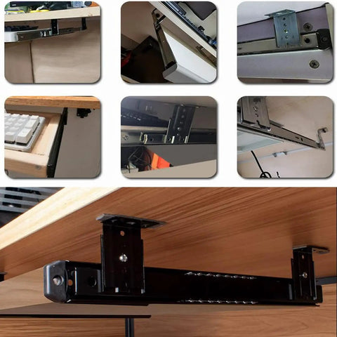 Heavy Duty 14 Drawer Runners Steel Keyboard Tray Slides Ball Bearings Smooth Silent Operation Under Desk Adds Rust Proof Material Service Life Boosts Efficiency Level Up Your Workspace Vibe under desk keyboard tray slide mounted to wood desk