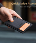 Hand holding Ultra Slim Front Pocket RFID Blocking Leather Wallet For Men And Women In Carbon Fiber Black displaying card slot
