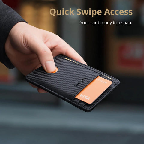 Hand holding Ultra Slim Front Pocket RFID Blocking Leather Wallet For Men And Women In Carbon Fiber Black displaying card slot