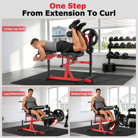 Leg Extension And Curl Machine with 1000 lbs capacity, showing lying leg curls and seated leg extensions for home gyms.