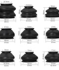 Universal Tie Rod Boots And Ball Joint Dust Cover Replacement Kit in various sizes with measurements, shown in black rubber.