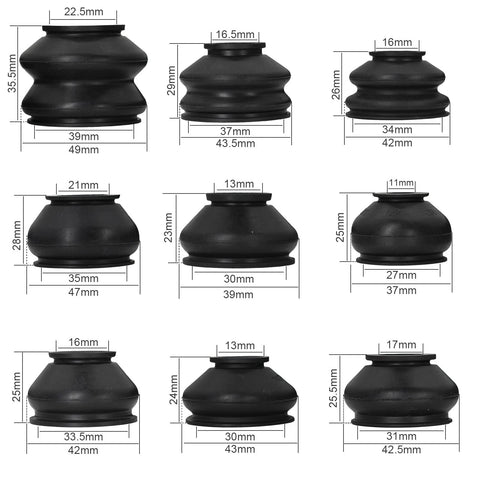 Universal Tie Rod Boots And Ball Joint Dust Cover Replacement Kit in various sizes with measurements, shown in black rubber.