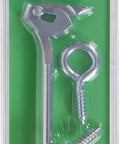 6 Inch Zinc Safety Hook And Eye Latch No Nonsense Automatic Locking Gate Hardware in packaging, includes screws and heavy duty latch.