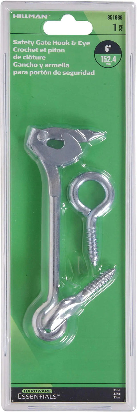 6 Inch Zinc Safety Hook And Eye Latch No Nonsense Automatic Locking Gate Hardware in packaging, includes screws and heavy duty latch.