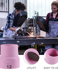 Premium Pink Ceramic Tig Welding Nozzle Cups Two Pack shown in use by welders, showcasing heat resistant material and large diameter.