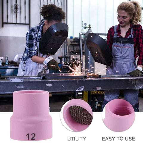 Premium Pink Ceramic Tig Welding Nozzle Cups Two Pack shown in use by welders, showcasing heat resistant material and large diameter.