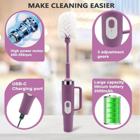 5 In 1 Electric Bottle Brush Cleaner Dual Speed Rechargeable IPX6 Waterproof with features like USB-C port, 2000mAh battery