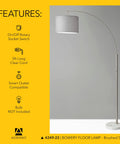 Sleek Arc Floor Lamp With Marble Base And Grey Linen Shade, Brushed Steel Stem, Dope Mid Century Modern Vibe