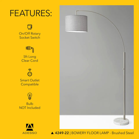 Sleek Arc Floor Lamp With Marble Base And Grey Linen Shade, Brushed Steel Stem, Dope Mid Century Modern Vibe