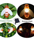 Solar Honey Bee String Lights With 20 Led Outdoor Waterproof Decor For Garden Patio And Xmas No Wires Rechargeable Battery Powered Eco Friendly Garden Party Lighting In Warm White Hue charging and glowing at night