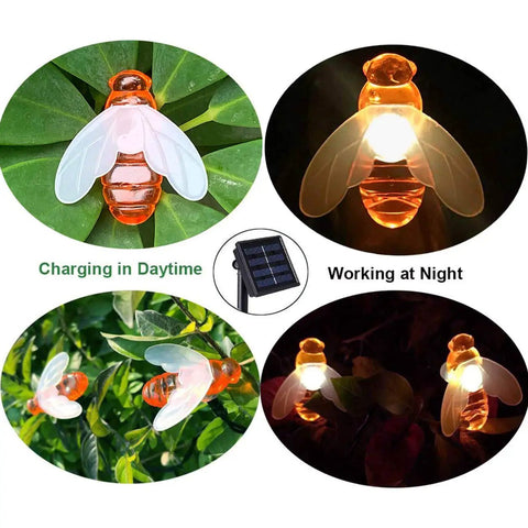 Solar Honey Bee String Lights With 20 Led Outdoor Waterproof Decor For Garden Patio And Xmas No Wires Rechargeable Battery Powered Eco Friendly Garden Party Lighting In Warm White Hue charging and glowing at night