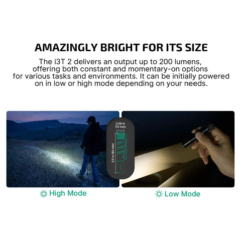 Demonstration of I3T 2 EOS Pocket EDC Flashlight With 200 Lumen Output in use, showing high and low mode in outdoor setting.