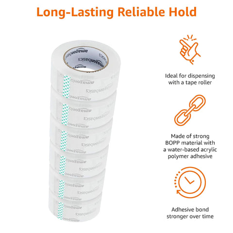Crystal Clear Packing Tape Set, Heavy Duty BOPP With Water Based Adhesive, 1.88 Inch By 109 Yards, Six Pack shown with benefits