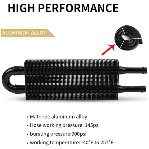 Universal 2 Pass Tube And Fin Transmission Cooler Kit 5/16 Inch Aluminum Black Power Steering Cooler, hose and specifications