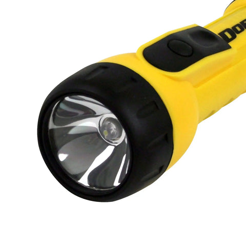 Close-up of the yellow Heavy Duty Worklight Flashlight With Batteries Included For Home, Garage, And Jobsite Use 20 Lumens Weather Resistant