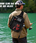 Angler carrying Fishing Sling Bag with Rod Holder and MOLLE System by a lake