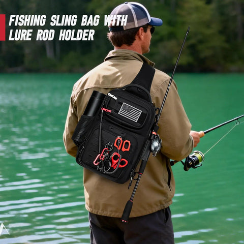 Angler carrying Fishing Sling Bag with Rod Holder and MOLLE System by a lake