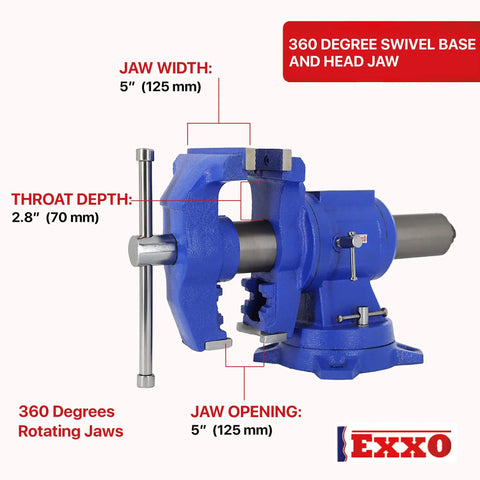 Heavy Duty 5 Inch Multipurpose Bench And Pipe Vise With Ductile Iron Construction 50 000 PSI Strength 360 Degree Swivel Base