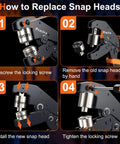 Instructional guide showing how to replace snap heads on a handheld tool, featuring detailed steps and close-up images of the tool parts.