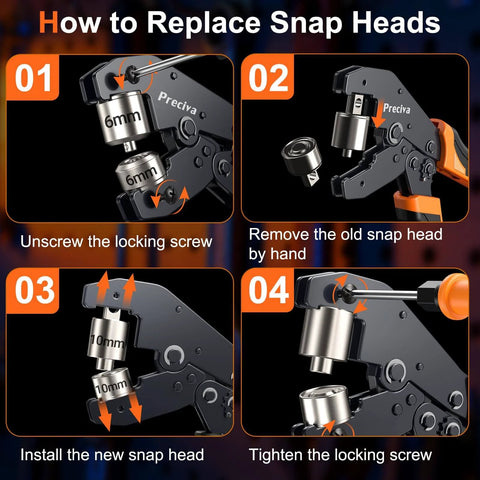 Instructional guide showing how to replace snap heads on a handheld tool, featuring detailed steps and close-up images of the tool parts.