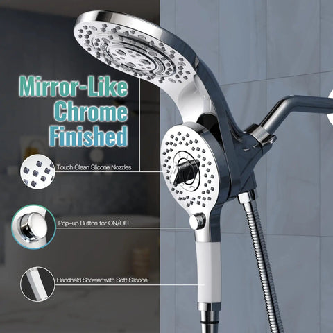8 Spray 2 In 1 Dual Shower Head With Handheld And Magnetic Dock Hose Included Detachable Pause Switch For Water Saving Chrome Finish Easy Snap On Off High Pressure Shower Combo close-up